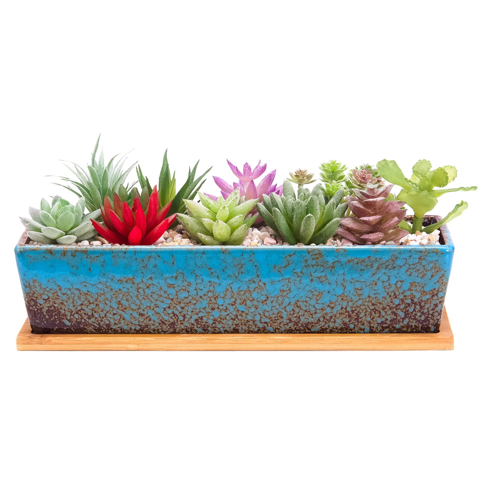 Succulent Planter Pots Large Rectangular Ceramic Cactus Flower Pot with Drainage and Bamboo Tray 12 Inch Shallow Bonsai Window Box for Home Garden Decor
