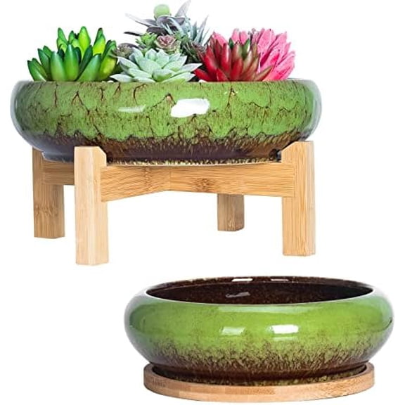 Succulent Planters, Large Succulent Pots with Drainage Bamboo Trays Colorful Bonsai Pots with Stand Ceramic Flower Pot Set of 2, Round Cactus Pot for Indoor Plants (7.3 and 10'')