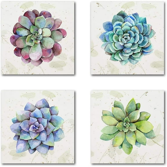Succulent Plants Wall Art Simple Life Canvas Giclee Prints 4 Pieces Watercolor Hand-Drawn Colorful Leaf Pictures Botanical Paintings for Living Room Kitchen Decor 12 x 12 Inches