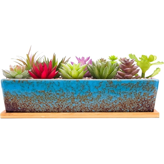 Succulent Pots - 12.1 Inch Large Succulent Planters Pots with Drainage Tray, Long Rectangle Ceramic Pot for Indoor Cactus/Succulent Plants Shallow Bonsai Window Box for Home Garden Decor (Blue)