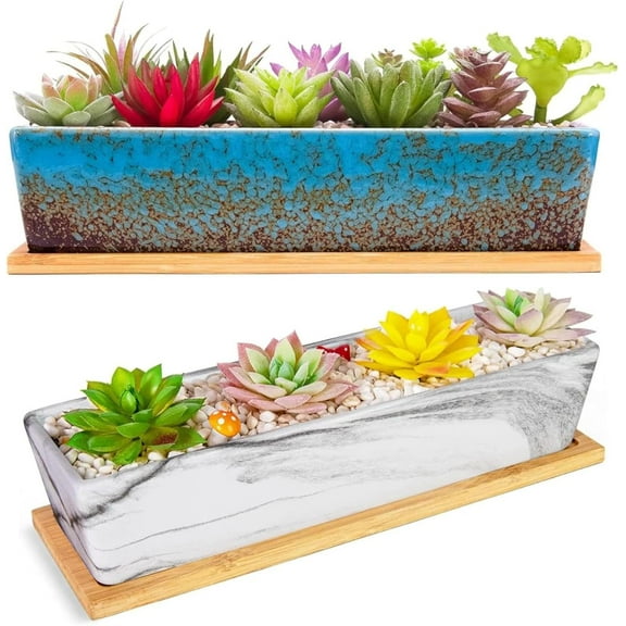 Succulent Pots - 12.1 Inch Large Succulent Pots with Drainage Tray, Window Sill Planter, Long Rectangle Ceramic Pots for Indoor Cactus/Succulent Plants Shallow Bonsai Window Box for Home Garden Decor