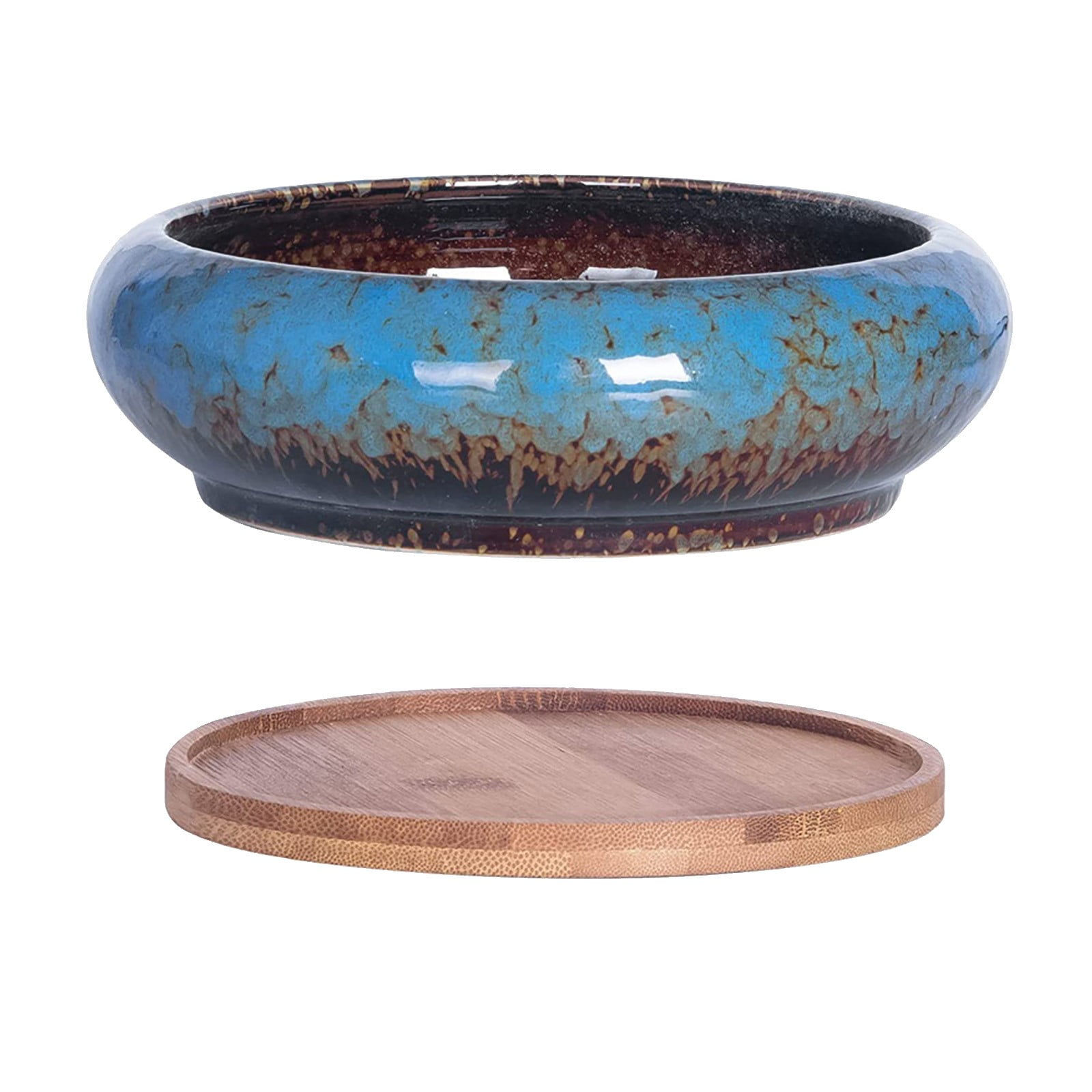 Succulent Pots - 7.3 Inch Large Plant Pot, Ceramic Bonsai Pot with Drainage Tray Shallow Planters for Indoor Succulents Glazed Cactus Flower Plant Container