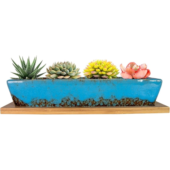 Succulent Pots, 9.8 Inch Ceramic Succulent Planters with Drainage Small Bonsai Pot with Bamboo Tray, Mini Cactus Flower Planter Pot Shallow Rectangular Window Planters for Indoor Plants Blue