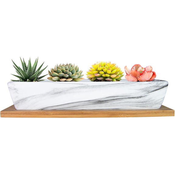 Succulent Pots, 9.8 Inch Ceramic Succulent Planters with Drainage Small Bonsai Pot with Bamboo Tray, Mini Cactus Flower Planter Pot Shallow Rectangular Window Planters for Indoor Plants Marble White