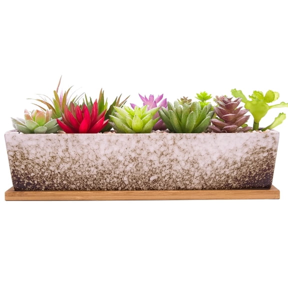 12.1 in x 3.5 in x 2.7 in Long Rectangle White Ceramic Succulent Planters Pots with Drainage Tray
