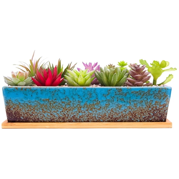 12.1 in x 3.5 in x 2.7 in Long Rectangle Blue Ceramic Succulent Planter Pot with Drainage Tray(Plants are not included with the pot)