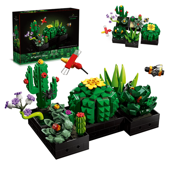 Succulent Potted Plants Building Brick Set, Eternal Green Botanical Desktop Ornament DIY Model Kit for Adults
