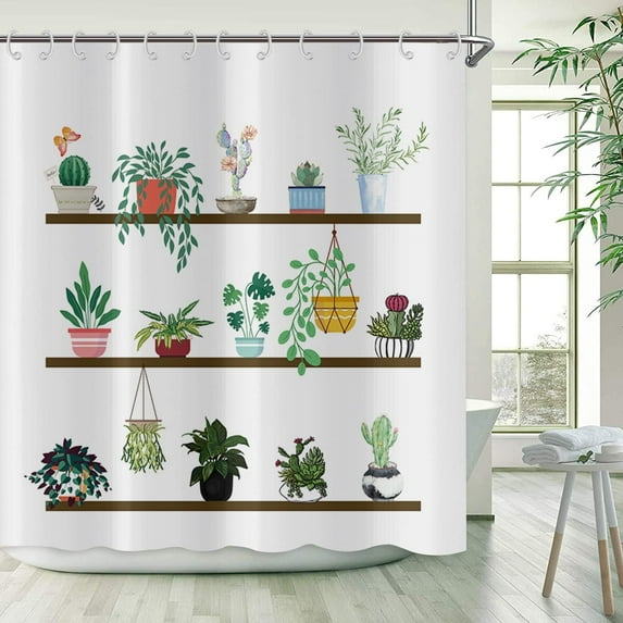 Succulent Shower Curtain for Bathroom Green Plant Potted Cactus Shower Curtains Bathroom Decor Waterproof Fabric Machine Washable White Shower Curtains 72"x72"
