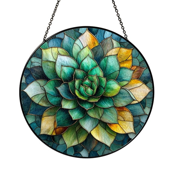 Succulent Stained Glass Suncatcher – Green Stone Lotus Design, Bright Botanical Window Art, Perfect Gift for Plant Lovers and Garden Decor