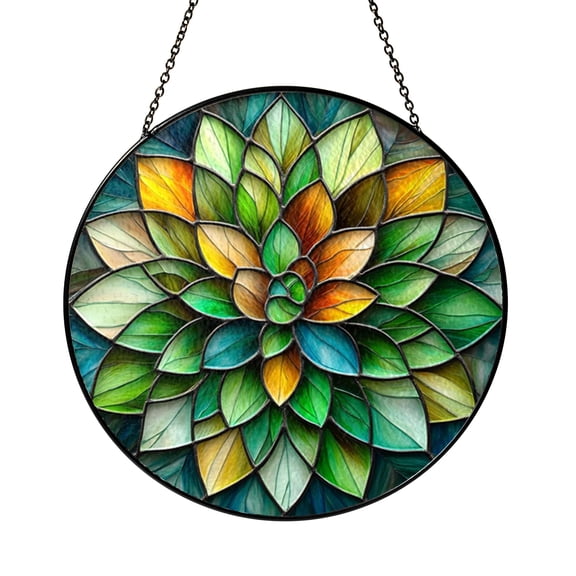 Succulent Stained Glass Suncatcher, Round Green Stone Lotus Window Hanging, Botanical Nature Inspired Home Decor