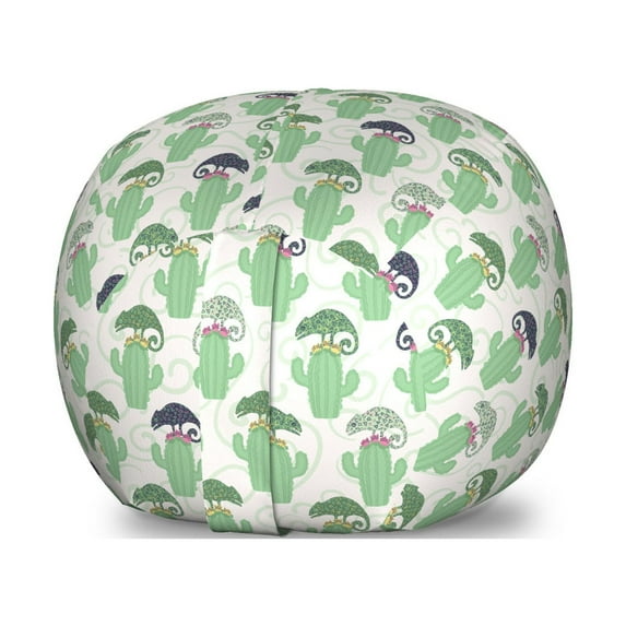 Succulent Storage Toy Bag Chair, Cactus Plants and Chameleon Lizards Wildlife Reptiles Exotic Creatures, Stuffed Animal Organizer Washable Bag, Small Size, Fern Green and Ivory, by Ambesonne