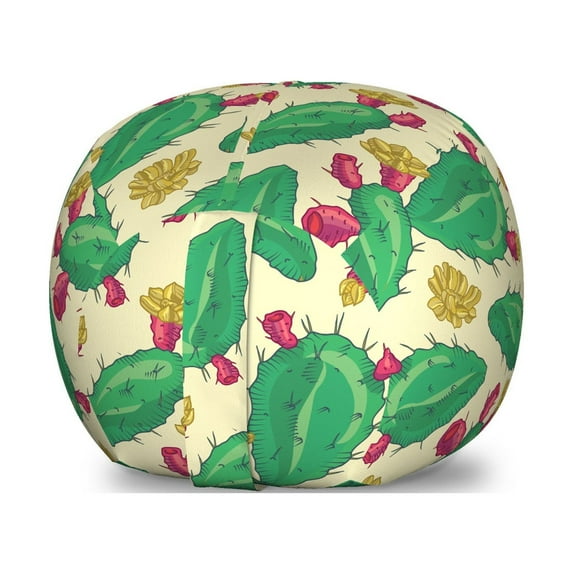 Succulent Storage Toy Bag Chair, Cartoon Style Silhouettes of Cactus and Flowers, Stuffed Animal Organizer Washable Bag, Large Size, Cream Sea Green, by Ambesonne