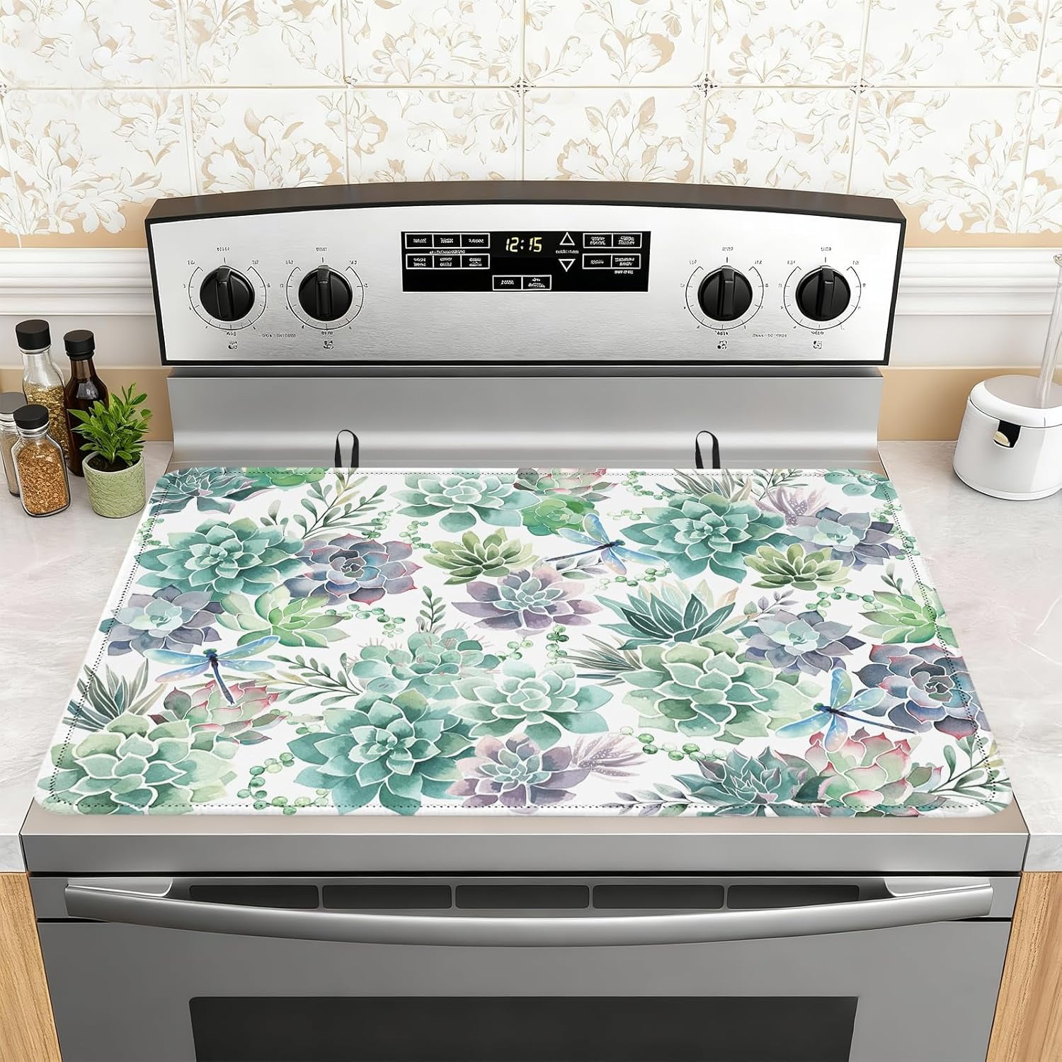 Succulent Stove Top Cover for Electric Stove,Succulent Ceramic Stove top Cover,Heat Resistant Glass Cooktop Cover,Flat RV Range Stovetop Protector,Dish Drying Mat for Kitchen,28"x20"