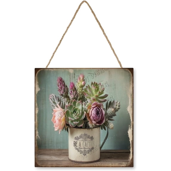 Succulent Wall Art Wooden Sign Rustic Farmhouse Decor Vintage Pictures for Bedroom Bathroom Kitchen Wall Decorations Bar Interior Decor 12"x12" Wooden Hanging Signs