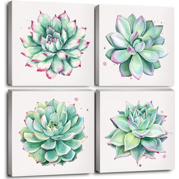 Succulent Wall Decor for Bathroom Mint Green Cactus Wall Art for Living Room Kitchen Accessories Nature Plant Wall Decor Tropical Botanical Leaf Canvas Pictures Bedroom Home Decorations 12x12" 4 Pcs
