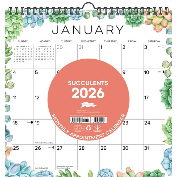 Succulents 2026 12 X 12 Spiral Wall Calendar, (Paperback)
