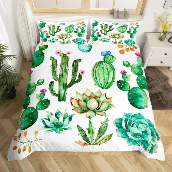 Succulents Bedding Set Exotic Flower Duvet Cover Twin Size for Kids Boys Branches Leaf Floral Polyester Comforter Cover