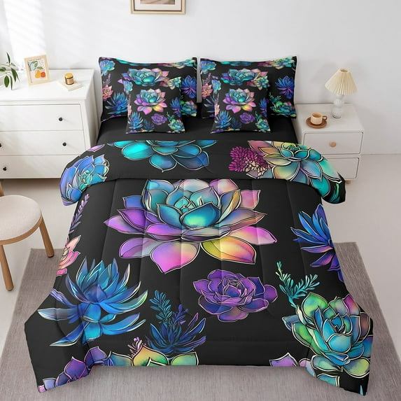 Succulents Comforter Set With Sheets 7 Piece Teens,Green Plant Bed In A Bag Full Size Tropical Botanical Bedding Sets Watercolor Painting Stylish Nature Theme Bed Set