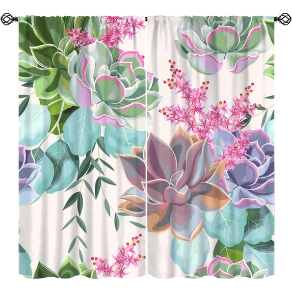 Succulents Curtains, Succulent Floral Colorful Leaves Flower Plant Pattern Print Window Treatments, Rod Pocket Thermal Insulated Drapes 2 Panel Sets for Bedroom Living Room, 42"W X 54"L