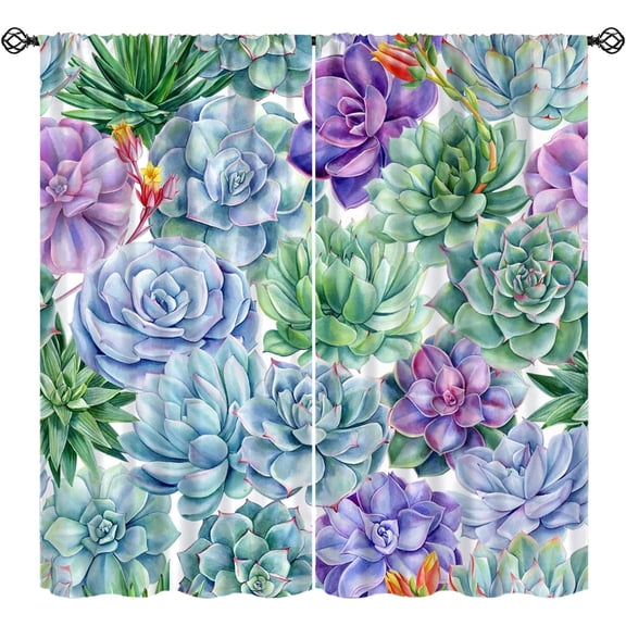 Succulents Curtains, Watercolor Floral Tropical Desert Cactus Succulents Pattern Window Treatments, Rod Pocket Thermal Insulated Drapes 2 Panel Sets for Bedroom Living Room, 55"W X 39"L