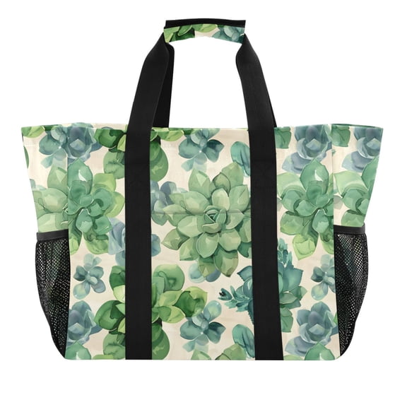 Succulents Flowers Reusable Grocery Bags with Handle Side Pocket Waterproof Shopping Portable Tote