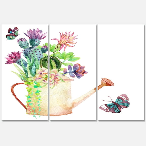 Succulents In Old Watering Can With Butterfly 28 in x 36 in Painting Canvas Art Print, by Designart