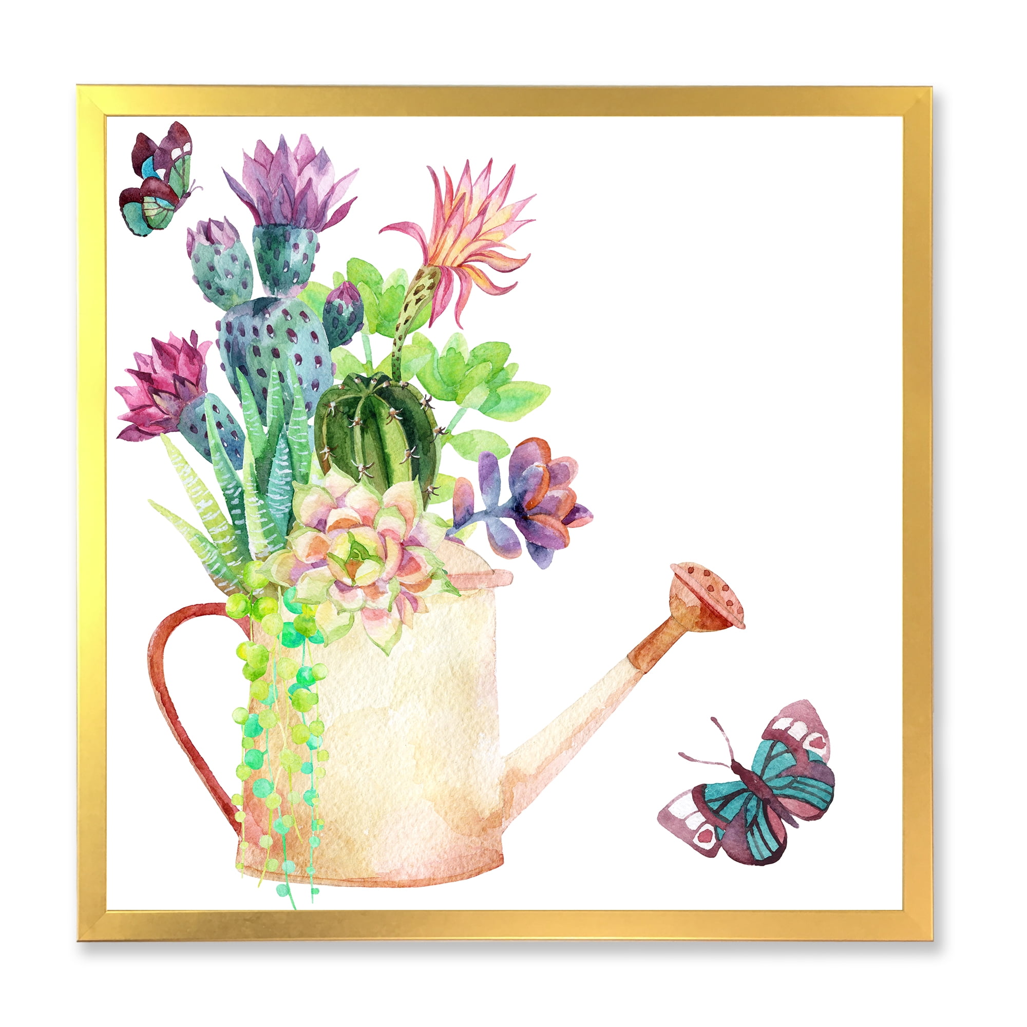 Succulents In Old Watering Can With Butterfly 30 in x 30 in Framed Painting Canvas Art Print, by Designart