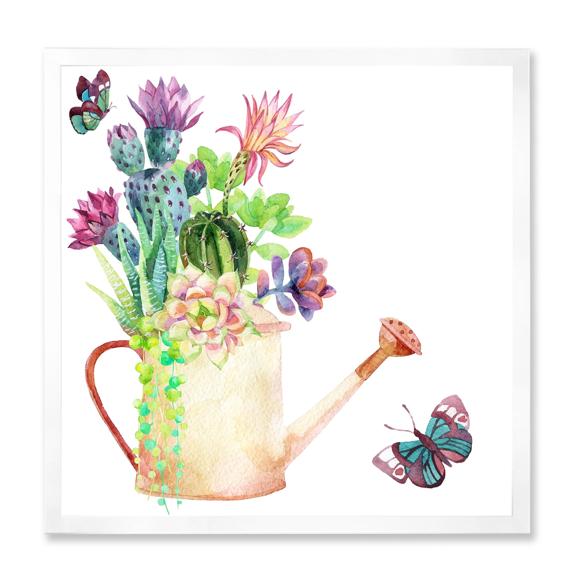 Succulents In Old Watering Can With Butterfly 36 in x 36 in Framed Painting Canvas Art Print, by Designart