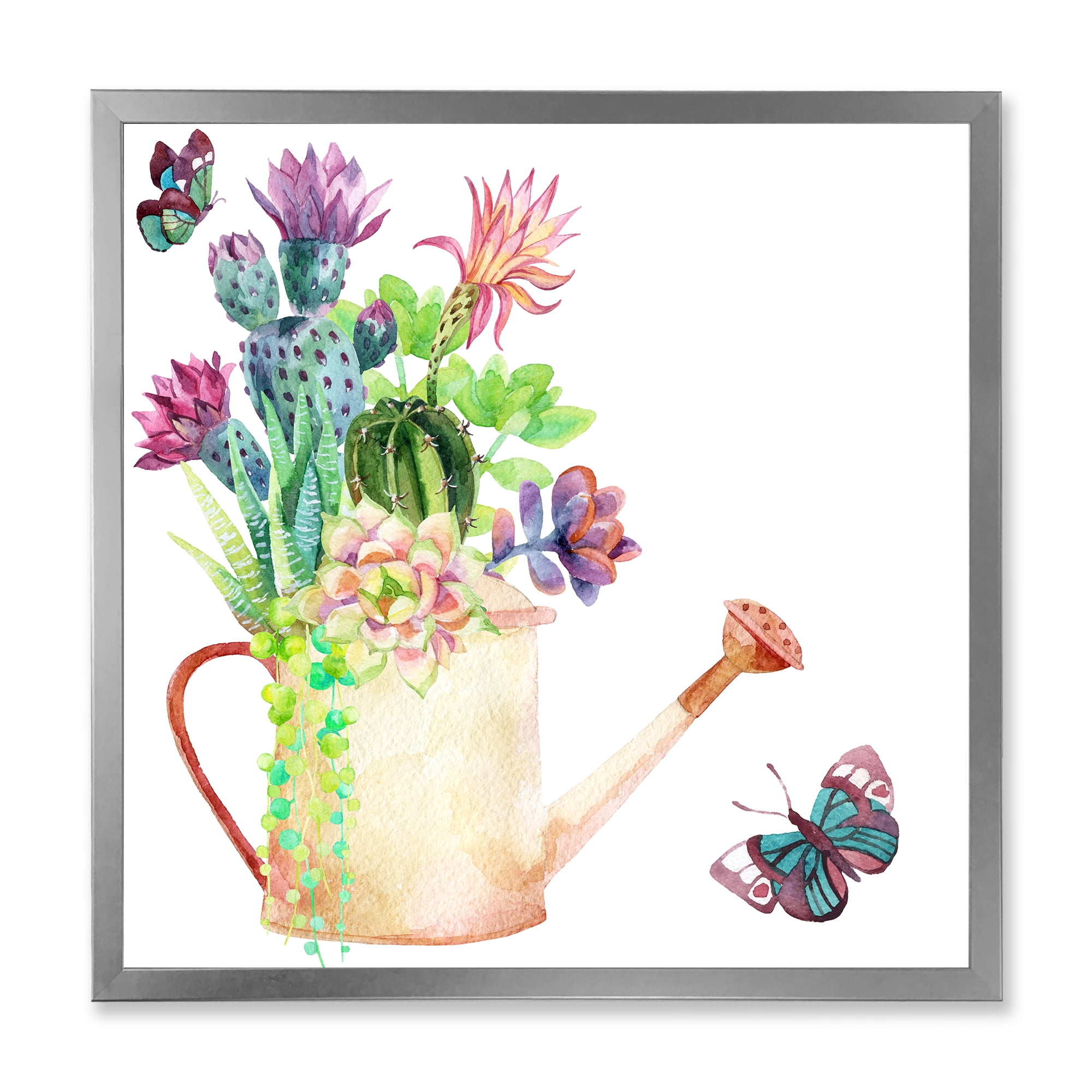 Succulents In Old Watering Can With Butterfly 36 in x 36 in Framed Painting Canvas Art Print, by Designart