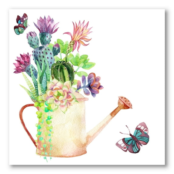 Succulents In Old Watering Can With Butterfly 36 in x 36 in Painting Canvas Art Print, by Designart