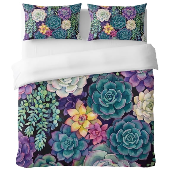 Succulents King Duvet Cover Set, Desert Plants Watercolor Botanical Garden Decorative 3 Piece Bedding Set with Zipper Closure Soft Breathable Microfiber Comforter Cover & 2 Pillowcases