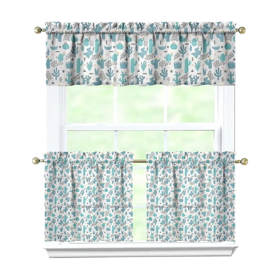 Succulents Kitchen Curtains Set, Desert Cactus Art and Minimalist Botanical Cactus Rod Pocket Tier and Valance, Cute Kawaii Cactus Design, Machine Washable