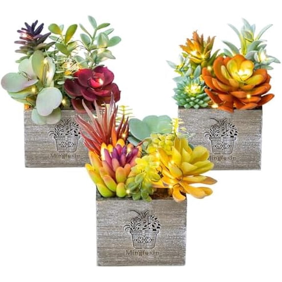 Succulents Plants Artificial, Small Faux Plants with Lights, Assorted Decorative Fake Succulent Potted for Office Desk Bathroom Bedroom Shelves Windows Room Decor