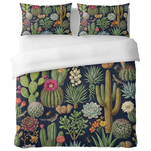 Succulents Queen Duvet Cover Set, Rustic Boho Sage Green Cacti Desert Floral Garden Decorative 3 Piece Bedding Set with Zipper Closure Soft Breathable Microfiber Comforter Cover & 2 Pillowcases