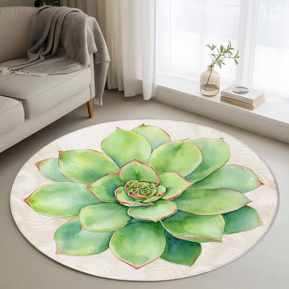 Succulents Round Rug 3ft Washable Circle Entryway Rugs Non Slip Retro Summer Green Ferns Plant Watercolor Area Rug Indoor Floor Carpet for Bedroom Kitchen Living Room Home Office Dining Room Nursery