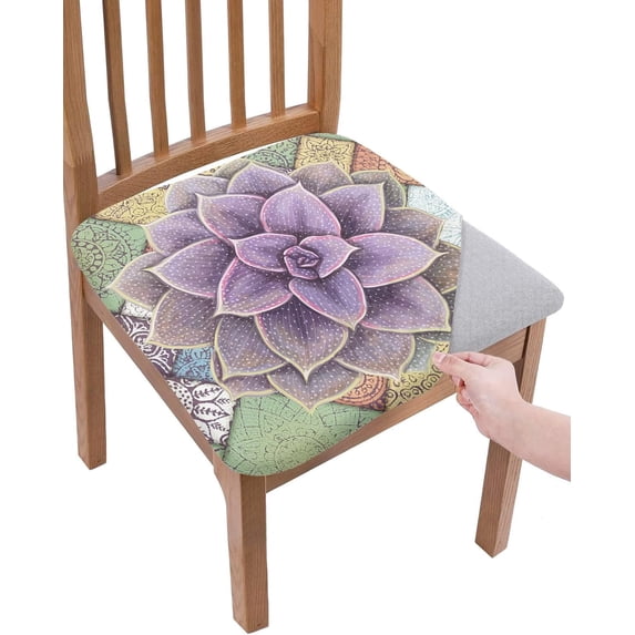 Succulents Seat Cover for Dining Room Chairs, Stretch Seat Covers Set of 4, Washable Chair Seat Covers Removable Kitchen Chair Slipcovers Protector, Purple Tropical Succulent and Vintage Flower