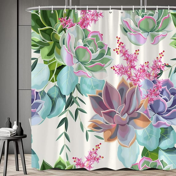 Succulents Shower Curtain Tropical Botanical Watercolor Bathroom Curtains Pink Flower Vintage Garden Nature Rustic Bathtub Decor with Hooks 84 x 70 in
