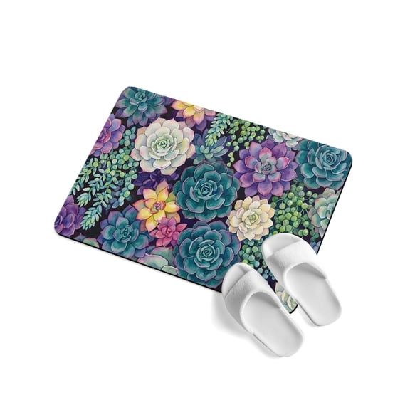 Succulents Soft Diatomaceous Earth Mat, Desert Plants Watercolor Botanical Garden Absorbent Bath Mat Non Slip Rubber Backed Quick Dry Doormat Fit Under Door for Bathroom Kitchen 16"x24"