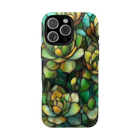 Succulents Stained Glass Green Floral Garden Artwork Phone Case with iPhone 11 to 17 Pro Max
