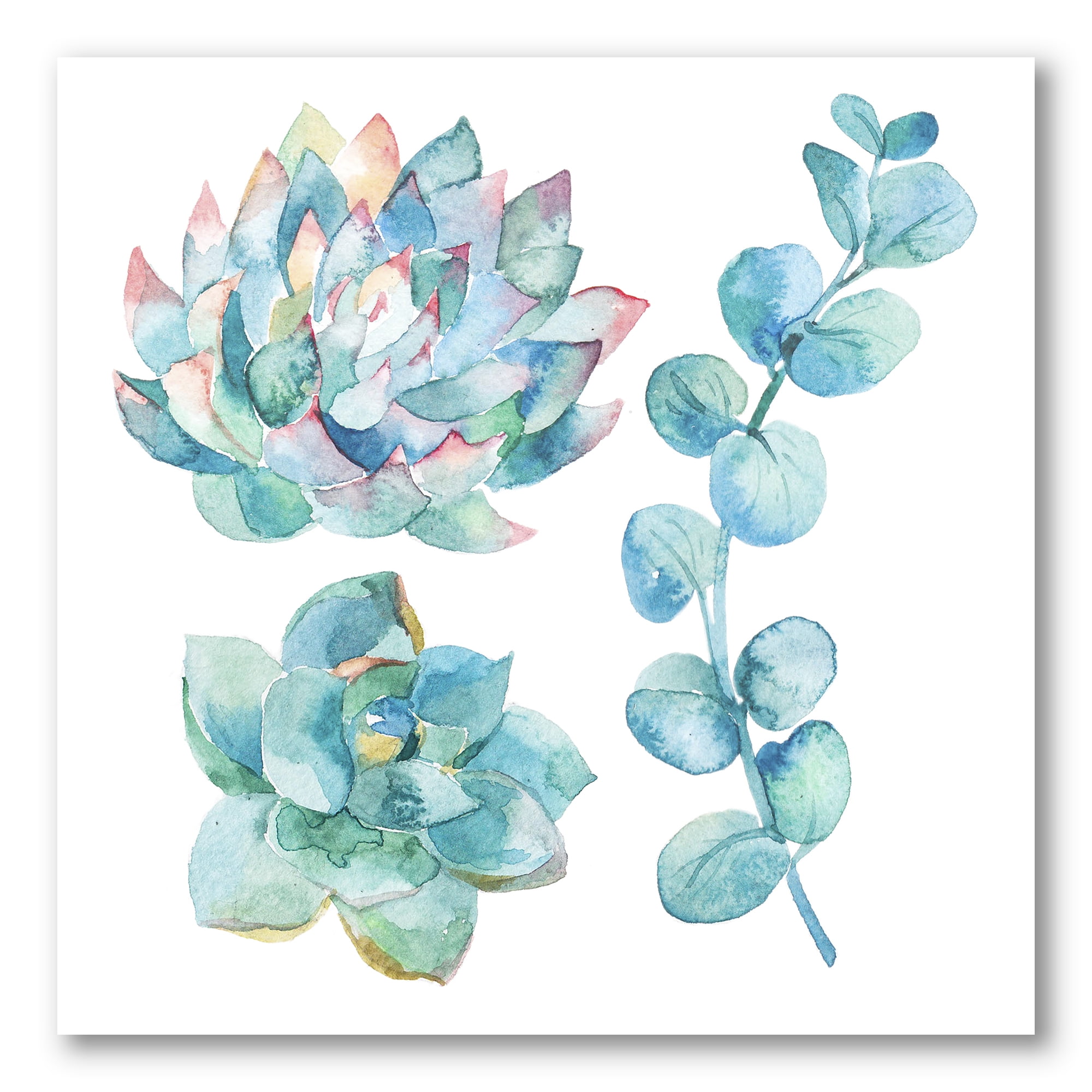 Succulents and Eucalyptus Leaves 16 in x 16 in Painting Canvas Art Print, by Designart