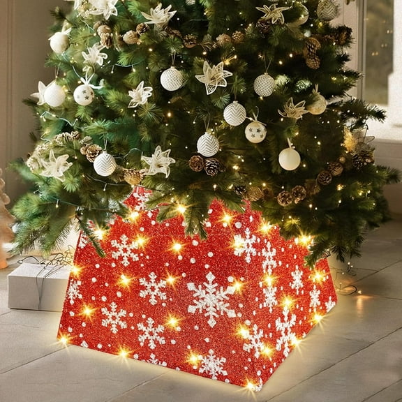 Succwoah 22-inch Lighted Tinsel Christmas Tree Collar Snowflake Red/White