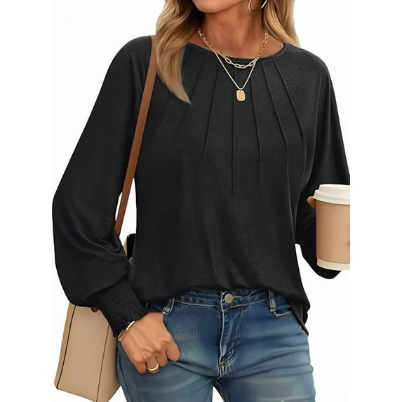 Sucegi Loose Fit Women's Shirt - Long Sleeve, Round Neck, Pintuck Design for Daily Wear