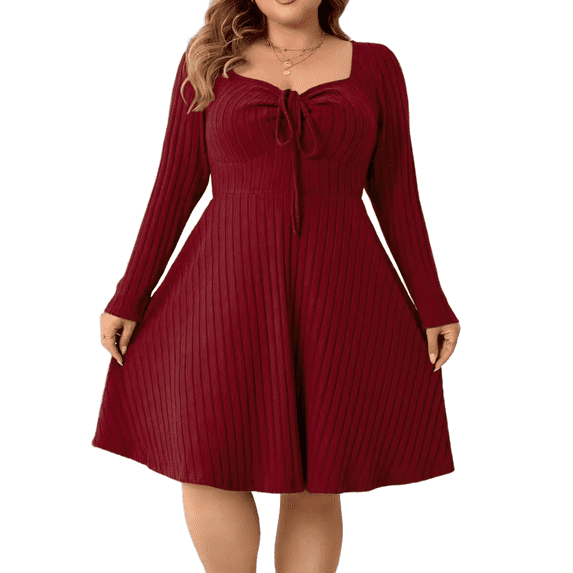 Sucegi Plus Size Long Sleeve Ribbed Dress - Tie Neck, Waist-Cinching, Vintage Fashion for Women, Winter New Arrivals.