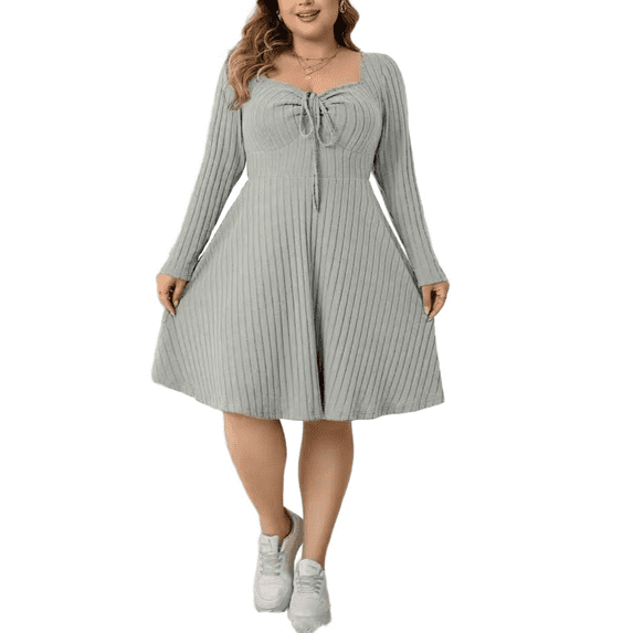 Sucegi Plus Size Long Sleeve Ribbed Dress - Tie Neck, Waist-Cinching, Vintage Fashion for Women, Winter New Arrivals.