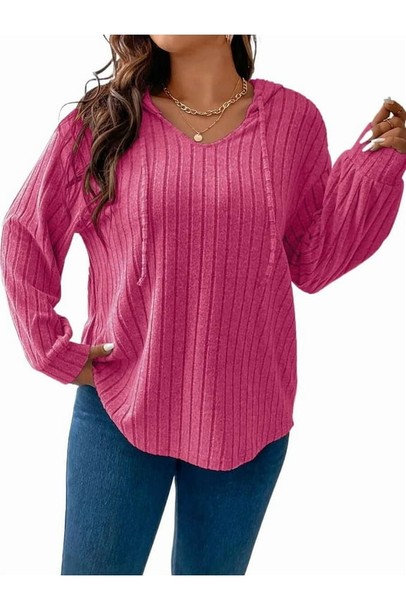 Plus Size Women's Loose-Fit Ribbed Hoodie (1X-5X) - Effortlessly Create a Stylish Look and Enjoy Ultimate Comfort
