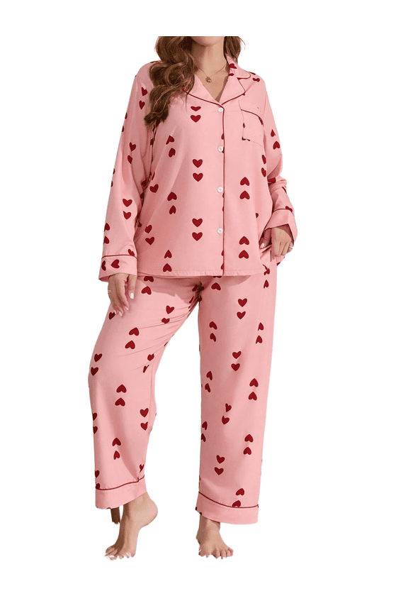 Plus size Exclusive for women, heart-print pajama set, super comfortable – Plus size women's pajama set,（1X-4X) casual lazy loungewear.