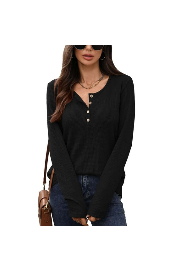 Trendy Women's Long - Sleeve Henley Shirt - Button Detail Design, Premium Waffle Knit, A Must - Have in the Wardrobe