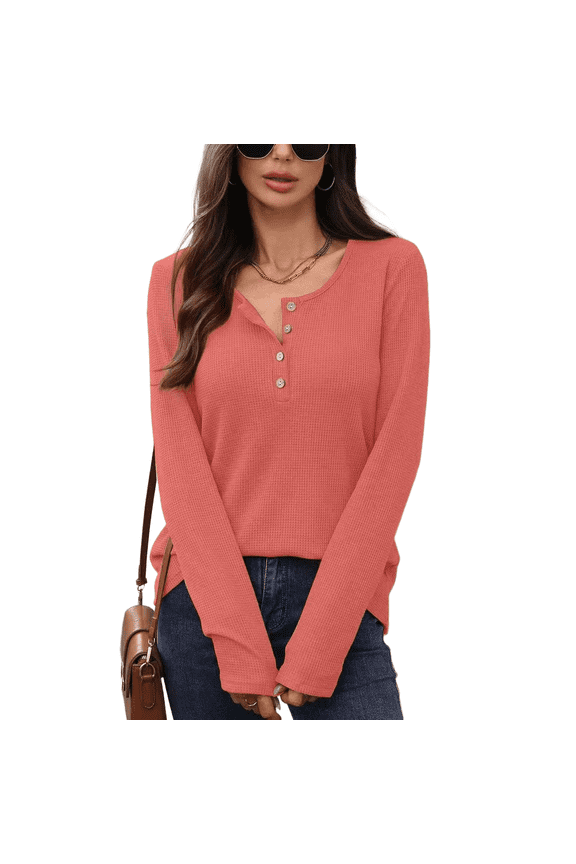 Trendy Women's Long - Sleeve Henley Shirt - Button Detail Design, Premium Waffle Knit, A Must - Have in the Wardrobe