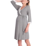 Sucegi Women's Maternity Nursing Robe, Lace Trim 3/4 Sleeve Wrap Sleep Dress, Tie Waist Pregnancy Nightgown for Labor & Postpartum