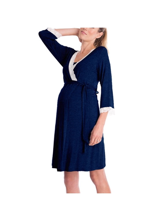 Women's Maternity Nursing Robe, Lace Trim 3/4 Sleeve Wrap Sleep Dress, Tie Waist Pregnancy Nightgown for Labor & Postpartum